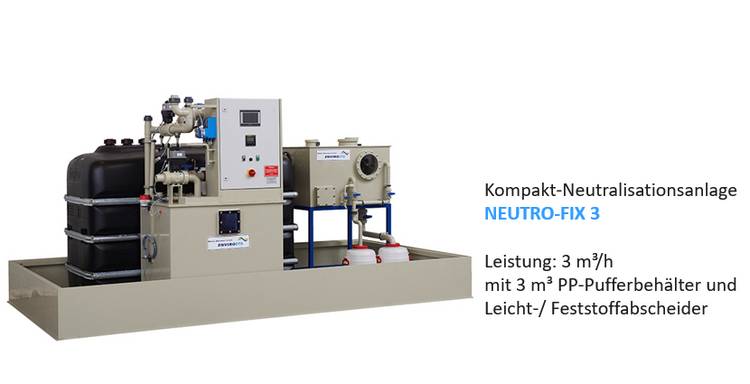 Kompakt-Neutralisationsanlage NEUTRO-FIX 3. Leistung 3m³/h, mit 3 m³ PP-Pufferbehälter und Leicht-/Feststoffabscheider Kompakt-Neutralisationsanlage NEUTRO-FIX 3. Leistung 3m³/h, mit 3 m³ PP-Pufferbehälter und Leicht-/Feststoffabscheider